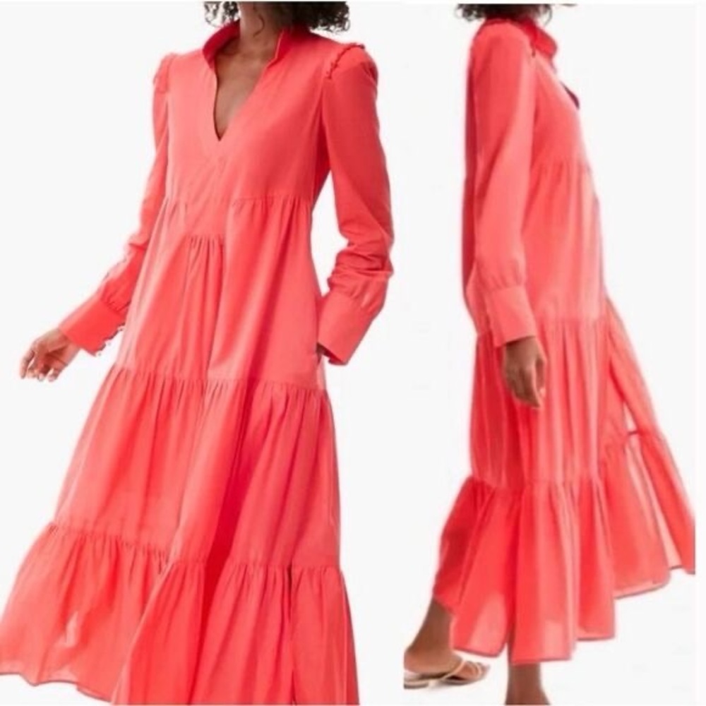 New Tuckernuck Women's Bristol Poppy Pink Cotton Tiered V Neck Dress Sz S
